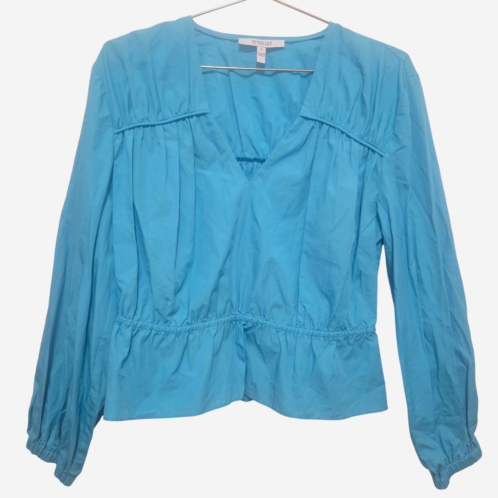 Derek Lam 10 Crosby Blue Cotton Poplin Peplum‎ Blouse V-Neck Top Size 10